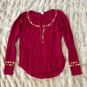Magenta Long Sleeve Henley Top with Embroidered Trim
